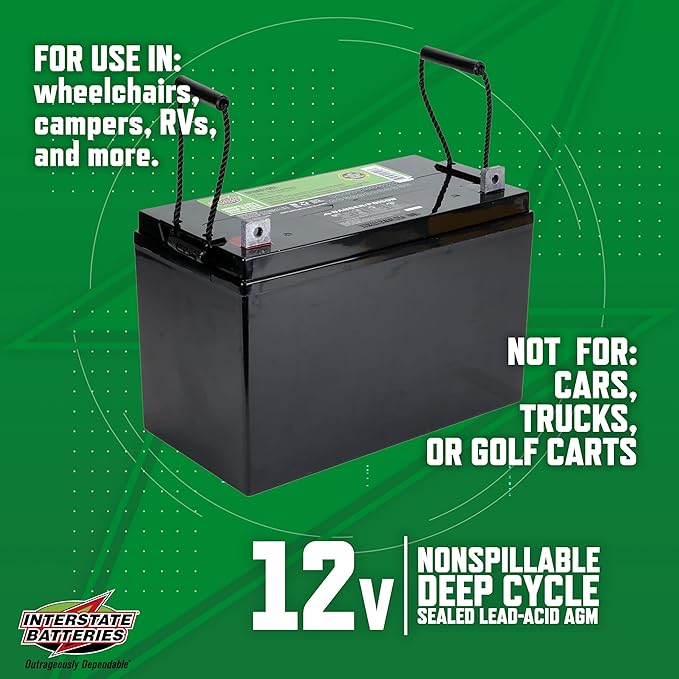 Interstate Batteries 12V 100Ah 110Ah (L Terminal) Deep Cycle Mobility Battery Group 29 VRLA SLA AGM, Rechargeable Replacement for Campers, RVs, Trailers, Wheelchairs (DCM0100L)…