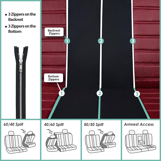 FH Group Automotive Car Seat Covers Full Set Premium 3D Air Mesh Front Seat Covers, Airbag Compatible & Split Bench Cover Universal Fit Interior Accessories for Cars Trucks and SUVs - Burgundy