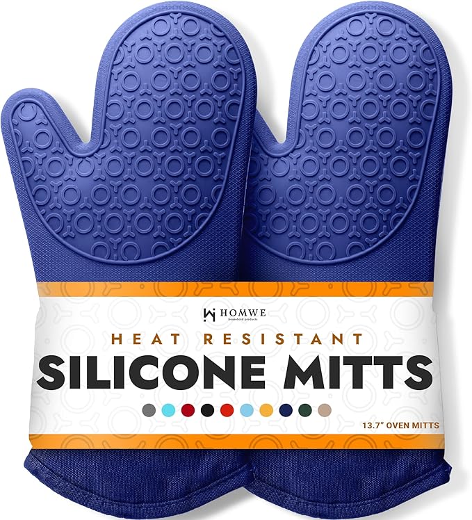 BPA-Free Soft Silicone Oven Mitts - Ultra Heat Resistant Oven Mitts with Thick Cotton Liner - Extra Long Slip Resistant Pot Holders, Flexible Oven Gloves - Navy 14.7"