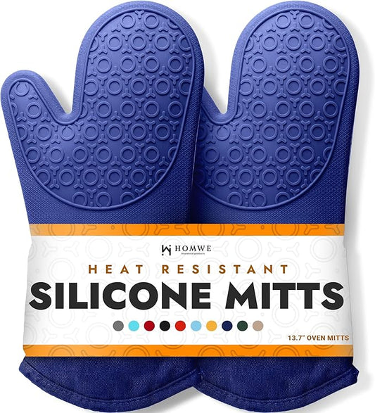BPA-Free Soft Silicone Oven Mitts - Ultra Heat Resistant Oven Mitts with Thick Cotton Liner - Extra Long Slip Resistant Pot Holders, Flexible Oven Gloves - Navy 14.7"