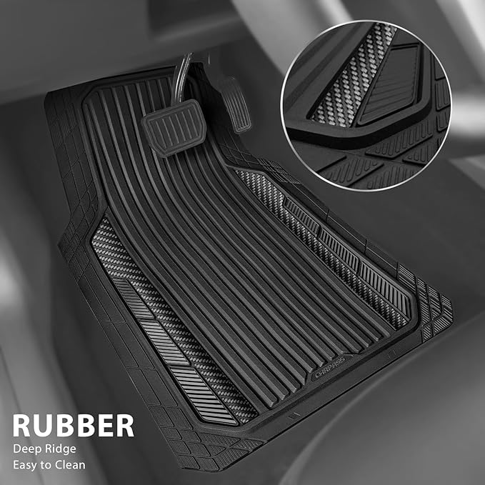 CAR PASS Heavy Duty Rubber Car Mats Metallic,Aluminum Film All Weather Floor Mats Waterproof Universal Trim to Fit SUVs Sedans Vans 4 Piece Anodized Deep Dish Two-Tone Sporty Carbon Fiber Black Chrome