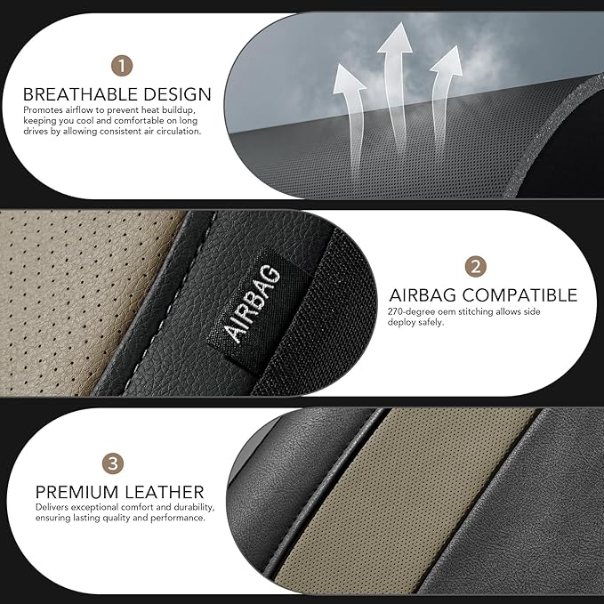 Road Comforts Car Seat Cover, Leather Seat Covers, Automotive Low Back Front Car Seat Covers, Airbag Compatible, Universal Fit for Most Cars (Beige)