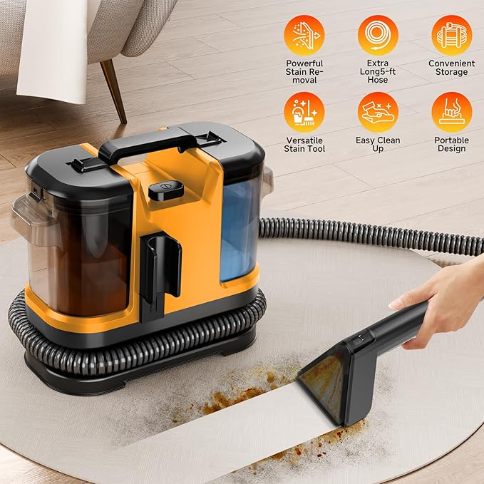 Portable Spot Cleaner Machine for Carpet and Upholstery - 18Kpa Carpet Cleaner with Dual BrushHeads, Easy Move, Cleaning Machine for Furniture, Couch, Stairs, Car and Pet Stain,Yellow
