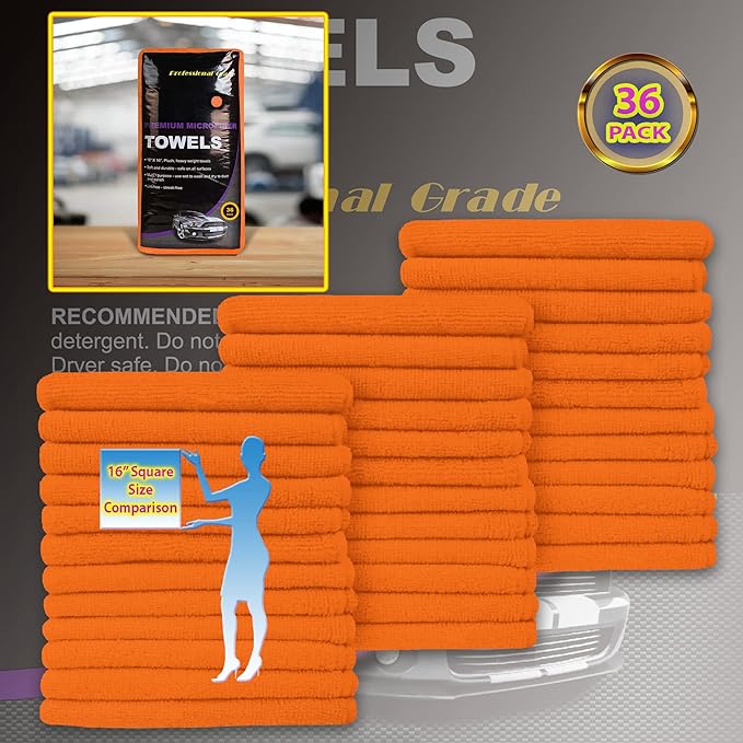 Large Microfiber Cleaning Towels, 36-Pack, Ultra Soft Plush Washcloths, Professional Grade Premium Microfiber Detailing Cleaning Cloth for Car, Household and Commercial (Orange, 16" x 16")