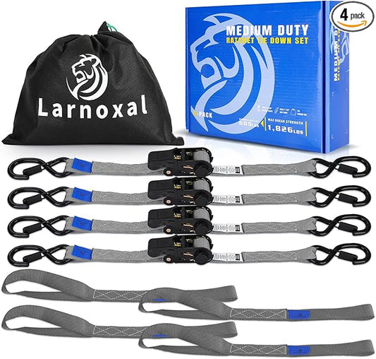 Ratchet Straps 4 Pack - 1,826 Lbs Break Strength 1 in x 15 Ft Medium Duty Ratchet Tie Down Straps with S Hooks Set for Truck, Cargo Van, Trailer, Motorcycle (Grey)