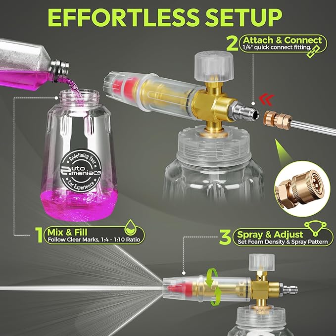 AutoManiacs Foam Cannon for Pressure Washer(Not Garden Hose), Adjustable Car Wash Sprayer with 1/4 Inch Quick Connector, 1L Durable Snow Foam Blaster for Car & Truck Washing