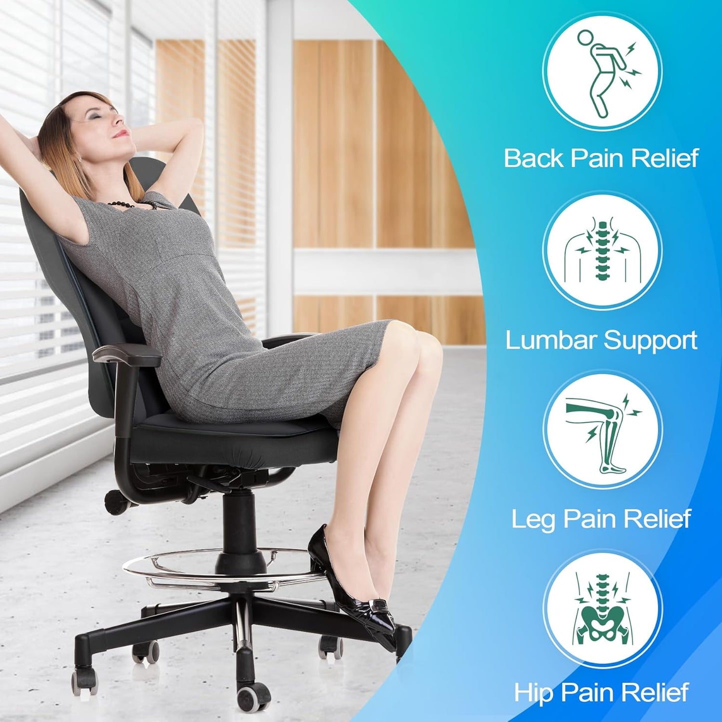 MYFAMIREA Car Seat Cushion and Lumbar Support Pillow 1.2'' Thick Memory Foam Desk Chair Cushion Back Support for Automotive Seat Driver, Travel, Leg and Back Pain Relief, Washable Adjustable Dark Gray