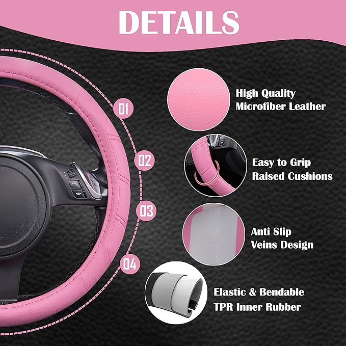CAR PASS Line Rider Microfiber Leather Sporty 14.5-15 inch Car Steering Wheel Cover Universal Fits for 95% Cars Sedans SUV Trucks, Anti-Slip Safety Comfortable Design (Pure Pink)