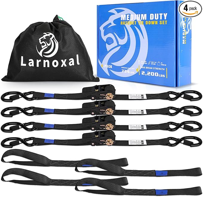 Ratchet Straps 4 Pack - 2,200 Lbs Break Strength 1 in x 15 Ft Medium Duty Ratchet Tie Down Straps with S Hooks Set for Truck, Cargo Van, Trailer, Motorcycle (Black)