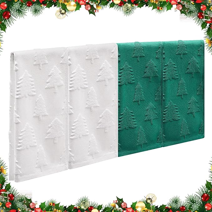 4 Pack Christmas Tree Hand Towels 14" x 30" 3D Jacquard Christmas Bathroom Towels Absorbent 100% Cotton White Green for Drying Cleaning Xmas Holiday Decorative Gift