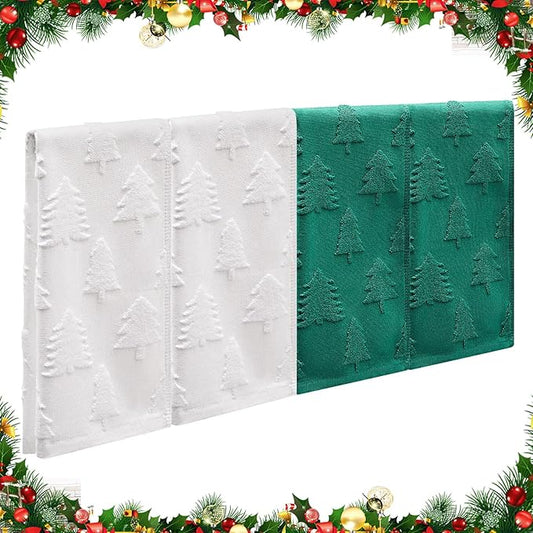 4 Pack Christmas Tree Hand Towels 14" x 30" 3D Jacquard Christmas Bathroom Towels Absorbent 100% Cotton White Green for Drying Cleaning Xmas Holiday Decorative Gift