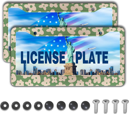 License Plate Holder Multicolor License Plate Frames Vintage Groovy Flowers Universal Aluminum Car Accessory 2 Pack with Screw Covers Set