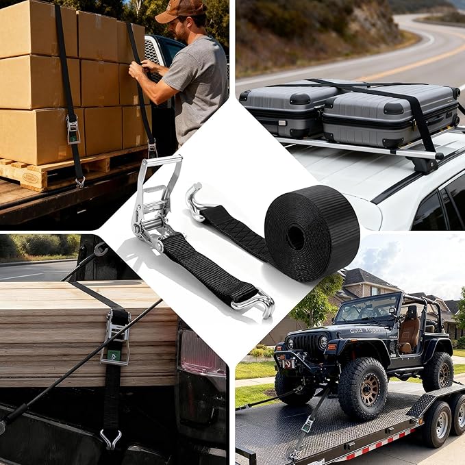 2" x20' Ratchet Straps with J Hooks - 10,000lb Break Strength/ 3,333lb Load Capacity Ratchet Tie Down Strap - Black Ratchet Straps Heavy Duty - Cargo Straps for Truck, Lawn Equipment, Car Roof-4 Pack