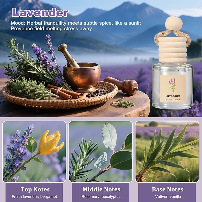 Car Air Freshener Oil Diffuser - Hanging Long Lasting Scent for Car & Home, Essential Oil Freshener with Adjustable Fragrance (Lavender+Red Roses+Oud Wood+Amber Allure)