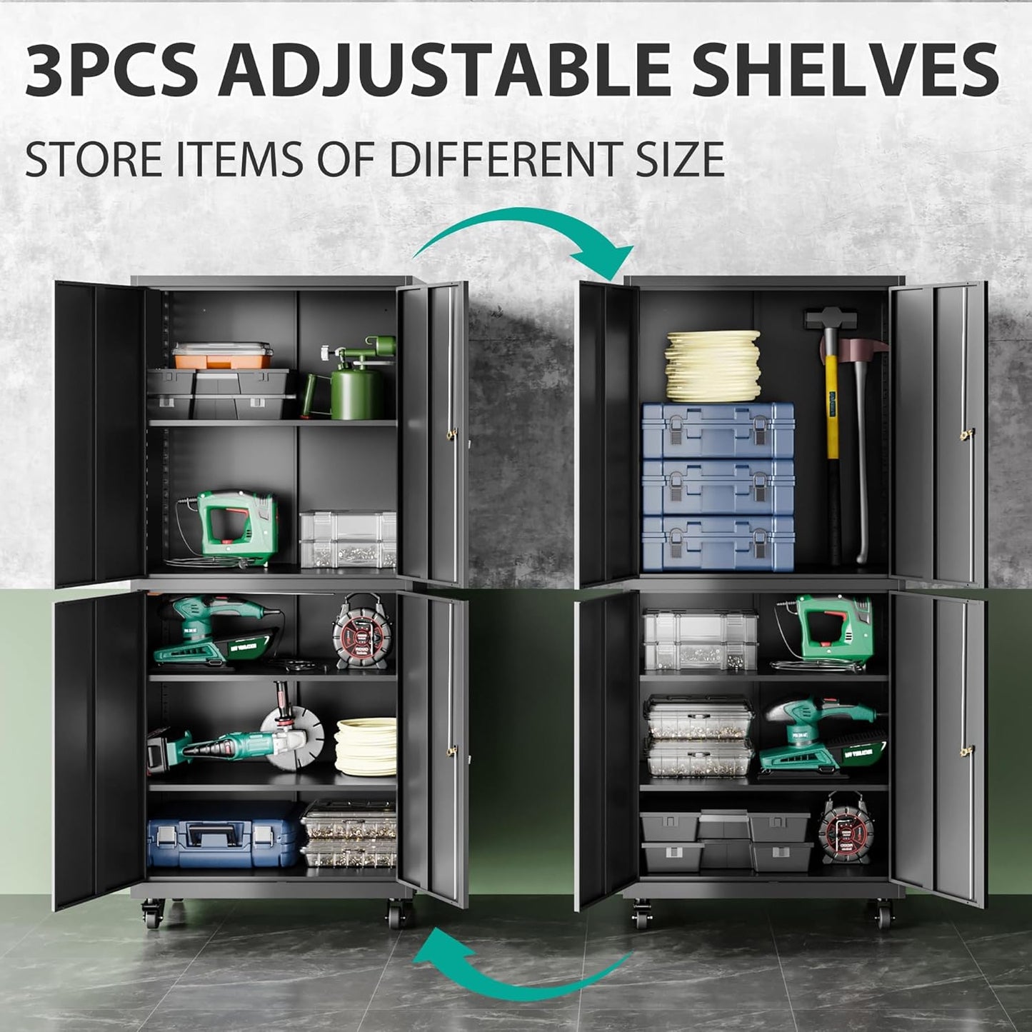 SISESOL Metal Storage Cabinet with Wheels,73" Rolling Garage Storage Cabinet with Lock,Black Metal Cabinets with Shelves and 4 Doors,Tall Tool Cabinets on Wheels for Garage,Home,Office,Shop