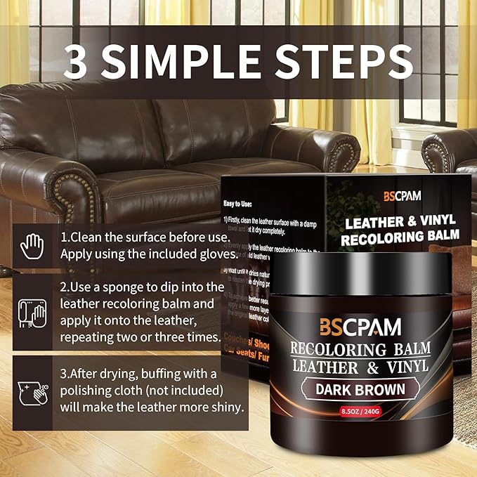 Dark Brown Leather Recoloring Balm,Leather Couch Scratch/Stain Remover,Leather Repair kit for Vinyl Furniture and Car Interior,Leather Dye Paint for Scratched and Faded Leather Couches