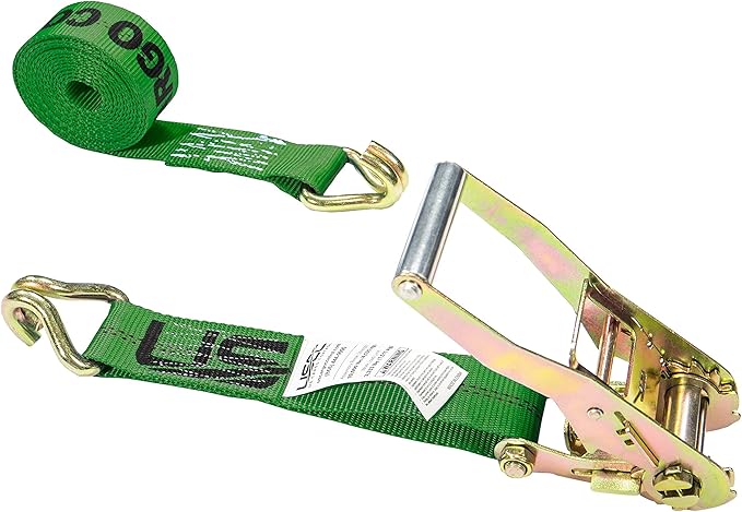 US Cargo Control J Hook Ratchet Strap 2 Inch x 18 Foot, 10,000 LBS Break Strength, 2 Inch Ratchet Straps with Double J-Hooks, Heavy Duty Green Tie Downs for Trucks, Trailers, Securing Cargo