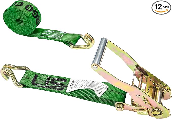 US Cargo Control J Hook Ratchet Straps 2 Inch x 18 Foot (12-Pack), 10,000 LBS Break Strength, Heavy Duty Ratchet Straps with Double J-Hooks, Green Tie Downs for Trucks, Trailers, Securing Cargo