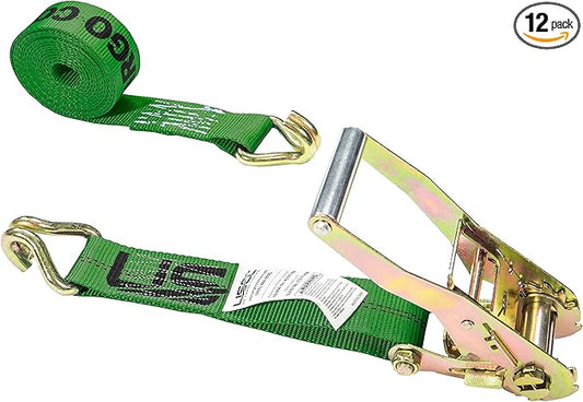 US Cargo Control J Hook Ratchet Straps 2 Inch x 18 Foot (12-Pack), 10,000 LBS Break Strength, Heavy Duty Ratchet Straps with Double J-Hooks, Green Tie Downs for Trucks, Trailers, Securing Cargo