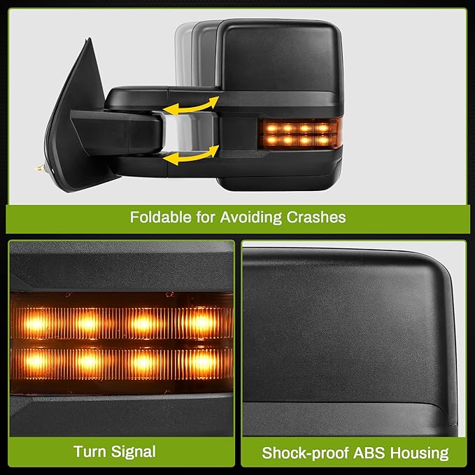 AUTOSAVER88 Power Folding Towing Mirrors Compatible with 2014-2018 Chevy Silverado GMC Sierra 1500 2500 HD 3500 HD Power Heated LED Turn Signal Light Telescoping Clearance Light Black Housing