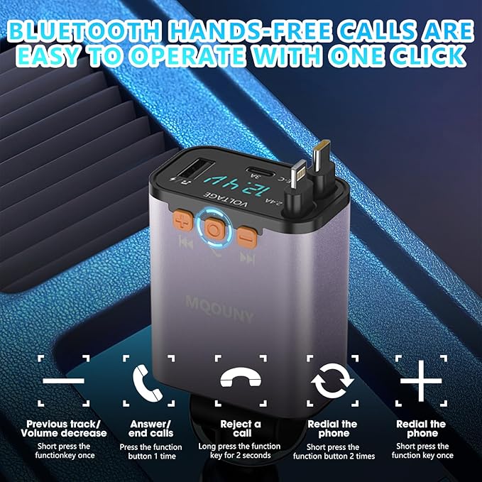 Retractable Car Charger,5 in 1 Fast Cars Phone Charger 60w,Bluetooth 5.3 FM Transmitter Adapter,Handsfree Call,MP3 Player,2 Retractable Cables and USB Chargers, for Phone,Galaxy,Pixel (Purple)