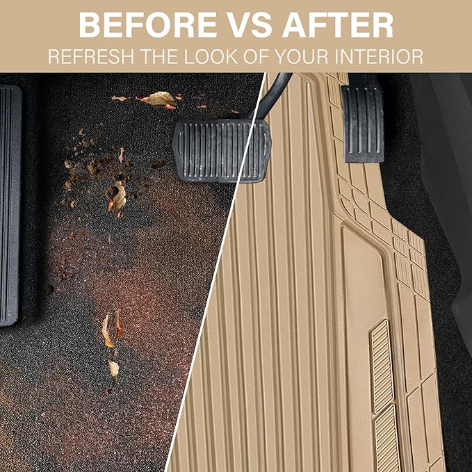 CAR PASS Heavy Duty Sporty Rubber Car Mats, Deep Dish All Weather Car Floor Mats Full Set, Waterproof Anti-Slip Automotive Matts Rugs Trim to Fit for Most Sedans SUVs, 4-Piece All Beige