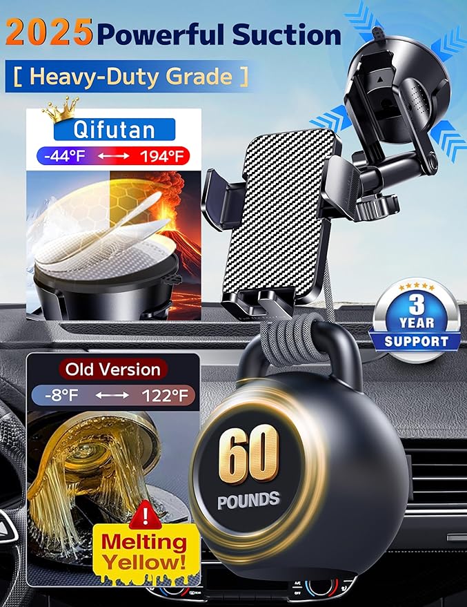 Qifutan Dash Mounted Holders Phone Holders for Your Car Phone Mount for Car Windshield Dashboard Air Vent Universal Desk Mounts Hands Free Automobile Cell Phone Holder Fit for iPhone Smartphone