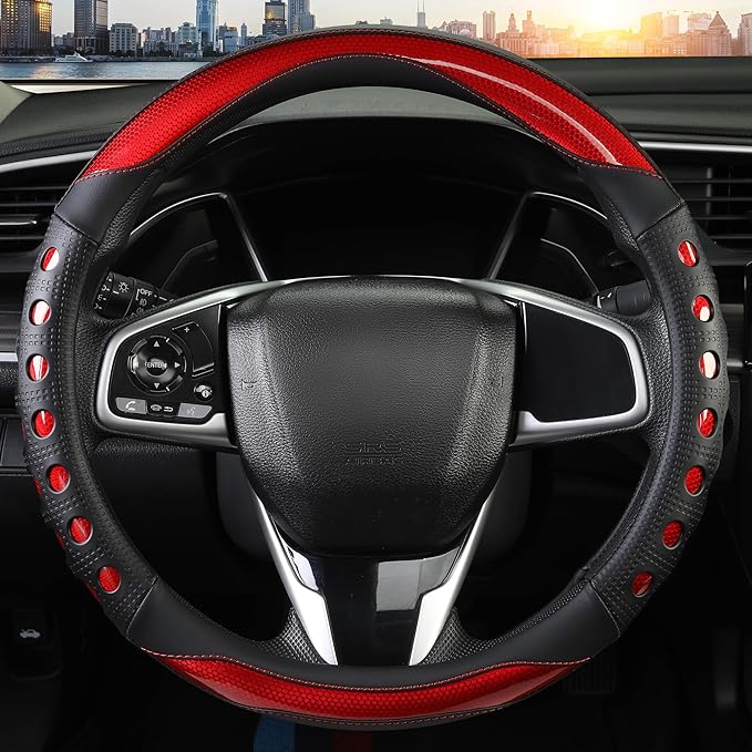 Leather Car Steering Wheel Cover with Anti-Slip Grip, for Women and Men, Universal Fit for 14.5-15 Inch Cars, Trucks, SUVs (Red (Round), Medium(Standard) Size[14 1/2''-15''])