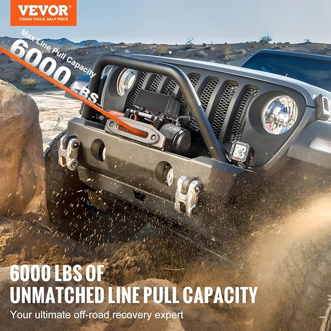 VEVOR Electric Winch, 6000 lb Truck Trailer Winch, 12V DC 1/4 in x 55 ft Synthetic Rope Aluminum Fairlead Wireless & Wired Remote Control, IP55 Waterproof Towing for Off Road SUV ATV UTV Jeep Boat