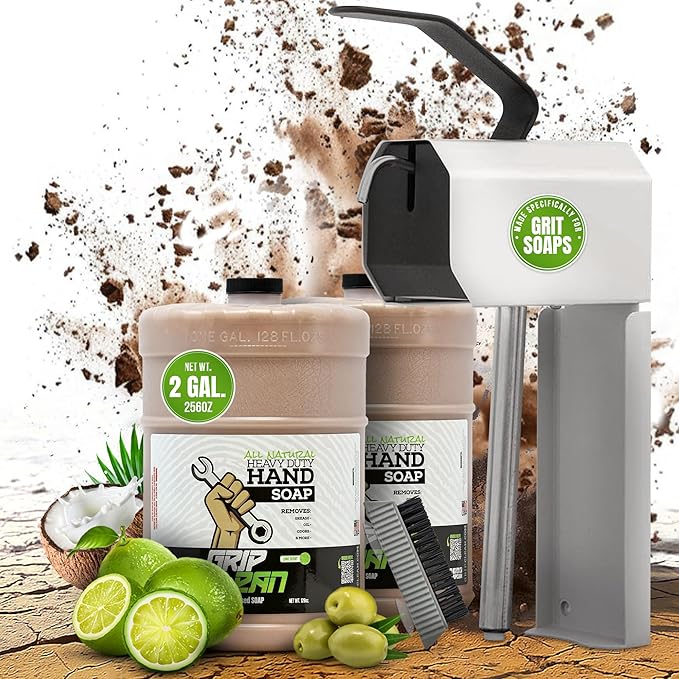 Grip Clean 4 Pk Combo – Hand Cleaner for Mechanics with Wall-Mounted Soap Dispenser + 2 Gallons Heavy-Duty Liquid Pumice Hand Soap, Natural Clay & Coconut Oil for Auto Mechanics, Industrial, & Garage