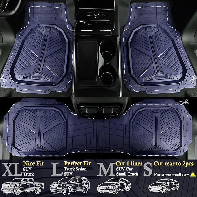 CAR PASS Heavy Duty Rubber Car Mats with Cargo Liner, Deep-Dish Car Floor Mats and Trunk Mat All Weather, Universal Trim-to-Fit for SUVs Trucks Sedans, Waterproof Anti-Slip, Trimmable V12 Blue