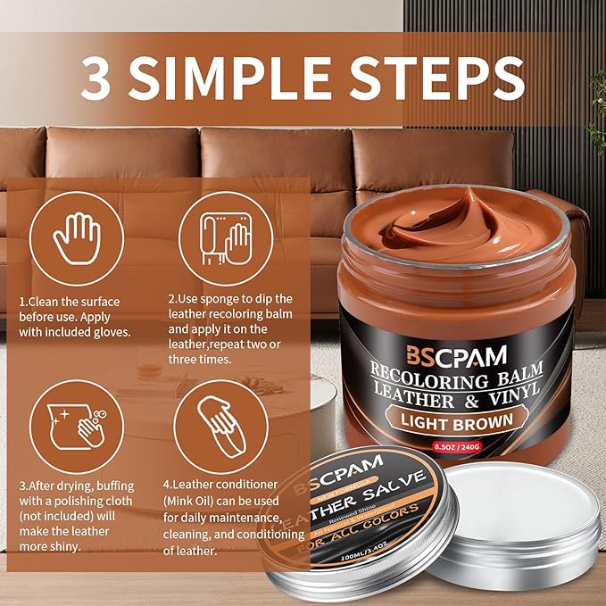 Light Brown Leather Recoloring Balm with 100ml Mink Oil,Leather Couch Scratch Remover,Leather Repair kit for Vinyl Furniture and Car Interior,Leather Dye Paint,Mink Oil for Leather