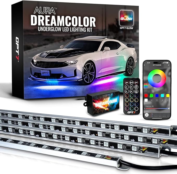 OPT7 Aura DreamColor Underglow Chasing Lights for Car with APP & Remote Control, Waterproof Rigid Aluminum LED Light Bar, Exterior Neon Accent Underbody RGBIC Light Kit, Multi Colors Music Mode, 12V