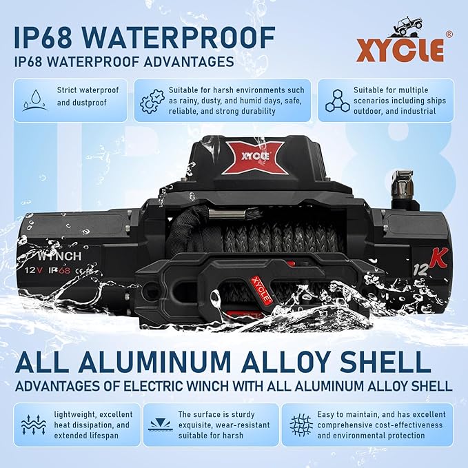 12000lbs Electric Winch 12V IP68waterproof Off-Road Vehicle Rescue winchs with2wireless Remote Controls and1/2"Synthetic Rope Suitable for Towing SUVs,Loggers,Trucks,Trailers,Jeeps,4WD(Black)