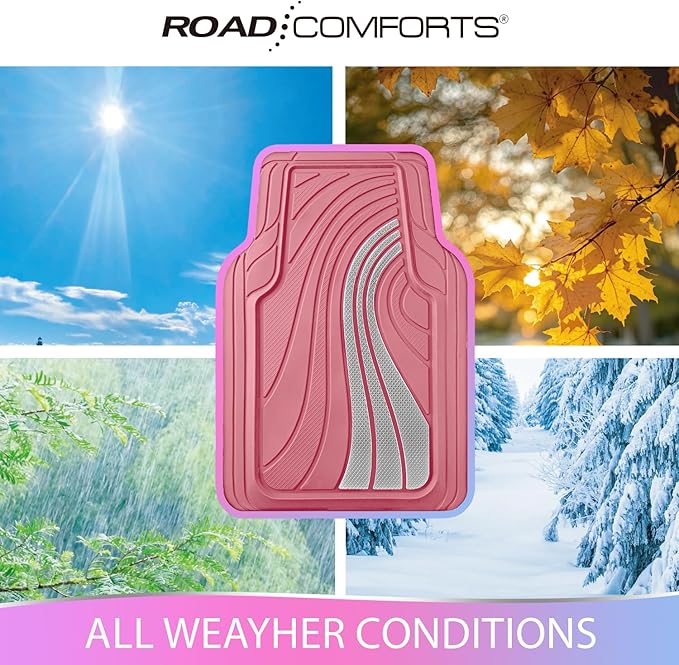 Road Comforts Car Floor Mats Full Set – Front & Rear Car Floor Mats with Aluminum Design, Anti-Slip Backing, All-Weather Protection, Trim-to-Fit Car Mats for Most Sedans, SUVs & Vans -All Pink