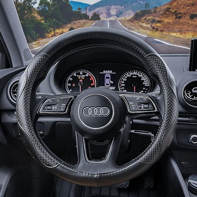 Haokay Heavy Duty Pure Cowhide Steering Wheel Cover, Black Genuine Leather Steering Wheel Cover Men Women Universal 14.5 to 15 Inch