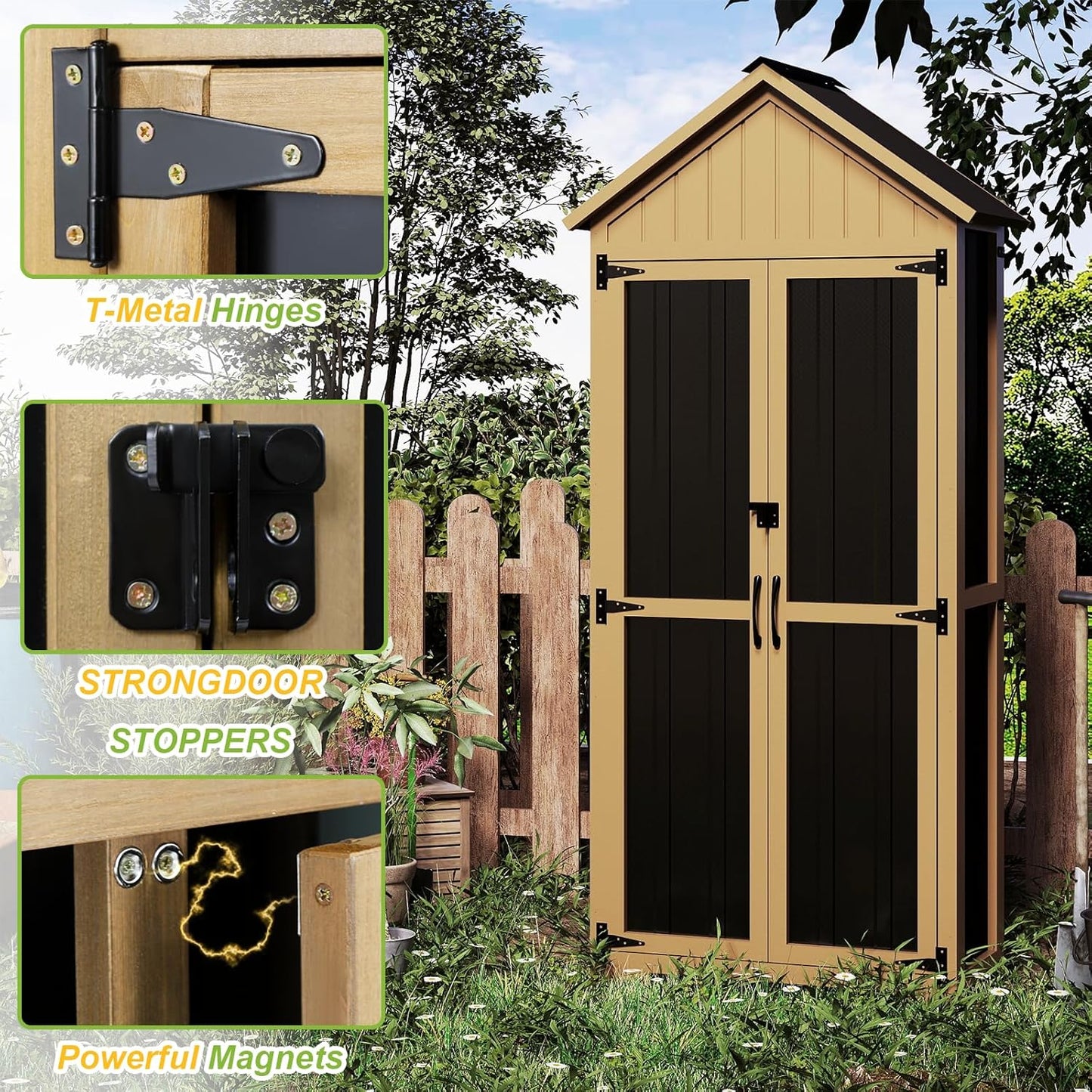 Outdoor Storage Cabinet with Shelf, Wood & Metal Storage Shed with Lockable Doors & Sloping Roof, Outdoor Cabinets Weatherproof for Patio Backyard, Garden Shed Tool Shed and Accessories, Brown