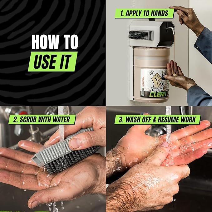 Grip Clean 4 Pk Combo – Hand Cleaner for Mechanics with Wall-Mounted Soap Dispenser + 2 Gallons Heavy-Duty Liquid Pumice Hand Soap, Natural Clay & Coconut Oil for Auto Mechanics, Industrial, & Garage