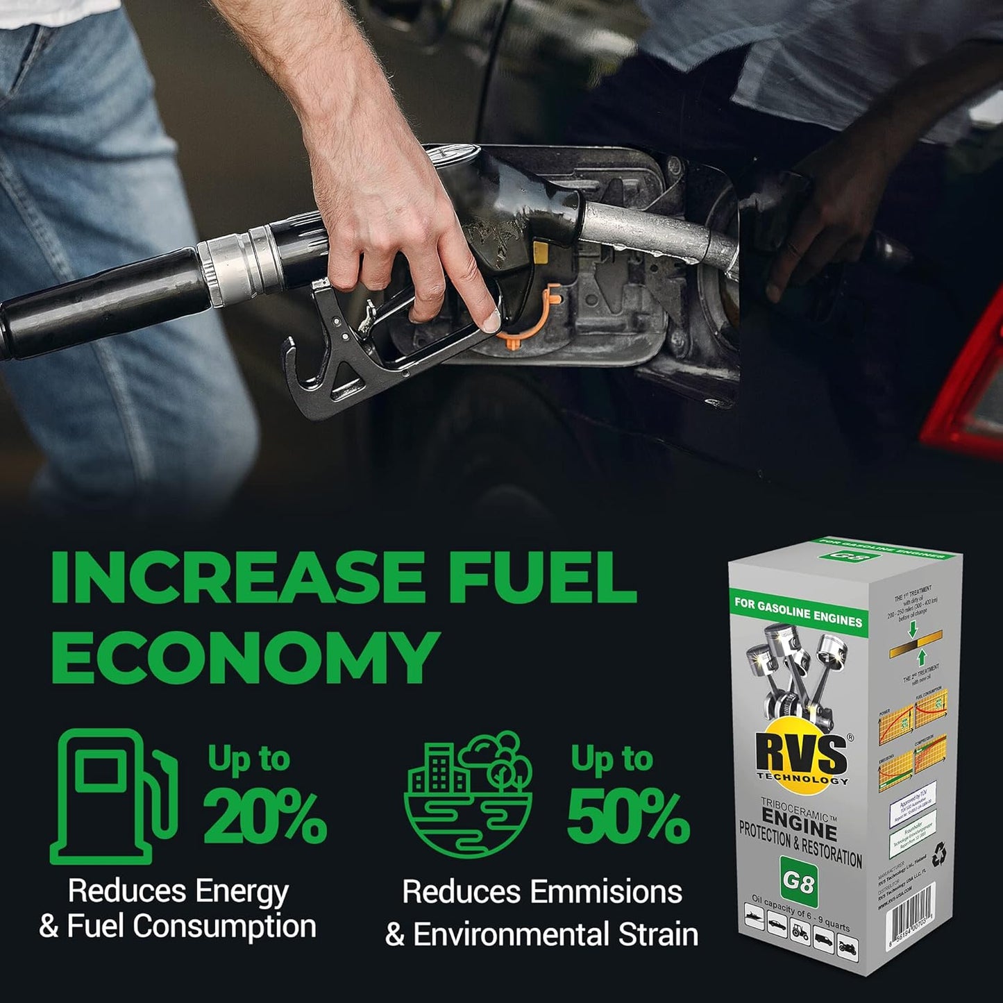 G8 Engine oil Treatment. for Gasoline Engines with an Motor Oil Capacity up to 9 quarts. Boost Power and Safely Restore and protect your Car, Truck, Motorcycle and all other engines