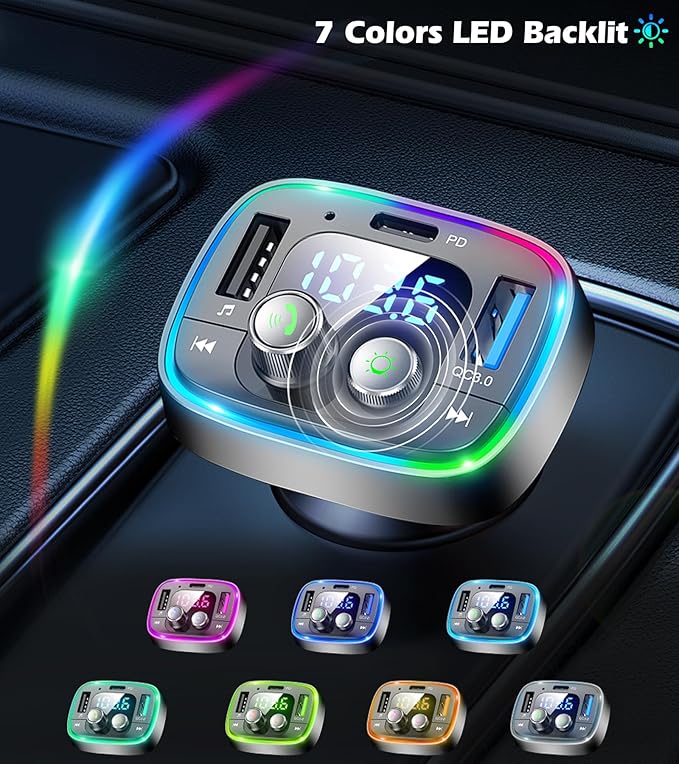 LIHAN USB C Bluetooth Car Adapter, AUX Wireless FM Radio Transmitter, Hands-Free Calling & Audio Receiver, MP3 Music Player, QC3.0 & Type-C PD Fast Charging,7 Colors LED Backlit, Support USB/TF Drive