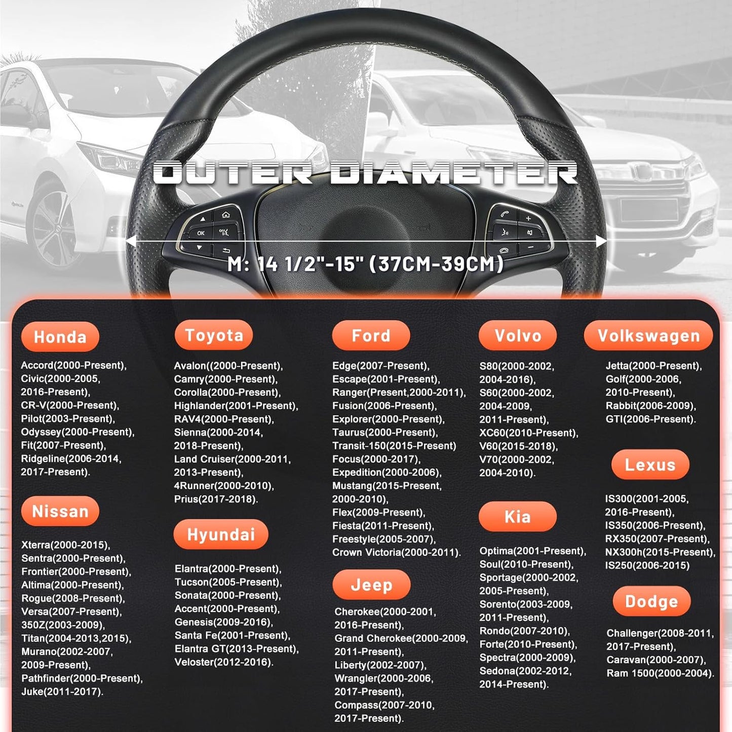 SEG Direct Steering Wheel Cover for Car, Standard Size 14.5-15 inch, Auto Interior Accessories, Black and Orange