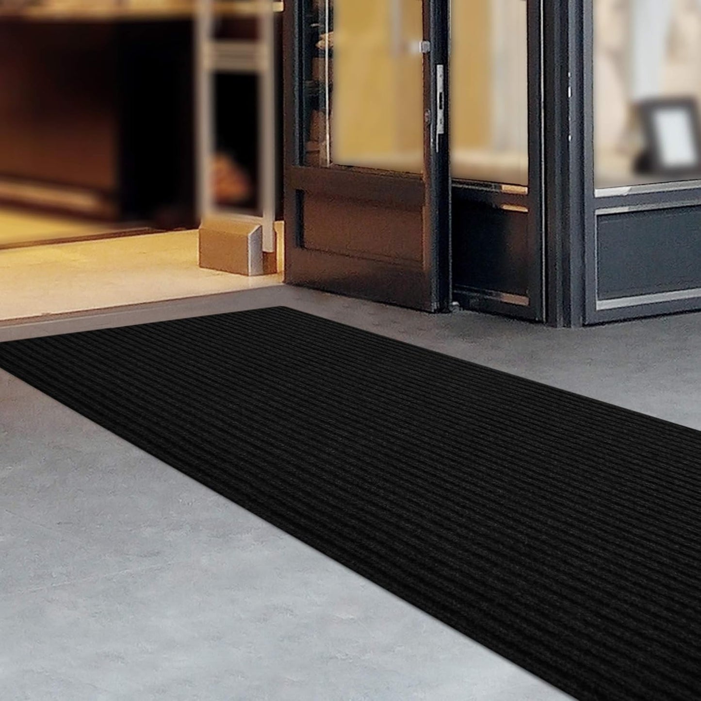 iCustomRug Spartan Weather Warrior Indoor/Outdoor Utility Ribbed Carpet Runner with Non-Slip Thermoplastic Rubber Backing, 28inX 46ft in Black