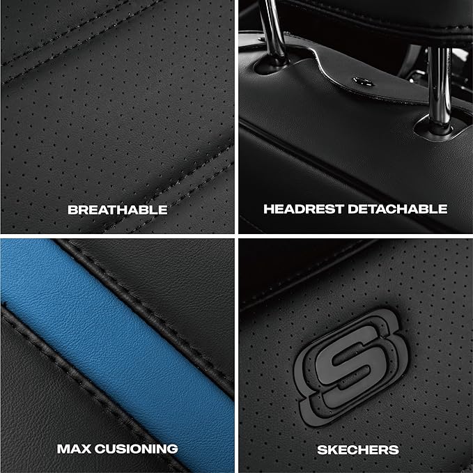 Skechers MAX Cushioning Seat Covers,Memory Foam Leather Car Seat Covers,Waterproof Front Seat Covers,Car Seat Cushion Airbag Automotive Universal Fit for Most Cars,Vans,Trucks,SUV,Blue