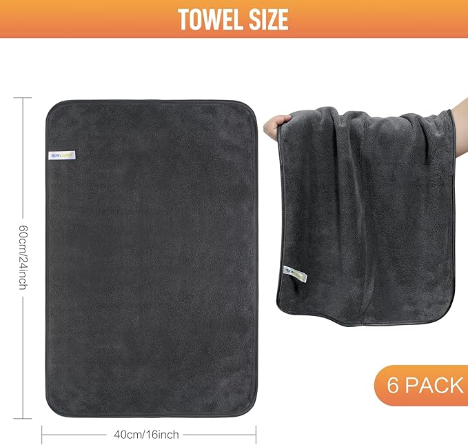SINLAND Microfiber Car Drying Towels Ultra Absorbent,No Streaks,Scratches, or Water Spots,Wash Cleaning Auto Detailing Towels 380gsm 16inch x 24inch 6 Pack Grey