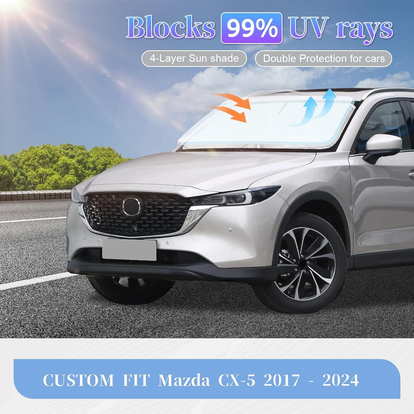 for Mazda CX5 CX-5 2017-2024 2025 Sun Shade Sunshade Windshield Cover, 4-Layer Front Window Shade Custom Fit CX5 Sport, Touring, Grand Touring, 4 Door Crossover Sun Visor 240T Fabric Shade