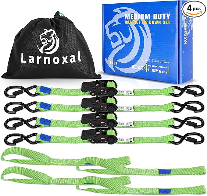 Ratchet Straps 4 Pack - 1,826 Lbs Break Strength 1 in x 15 Ft Medium Duty Ratchet Tie Down Straps with S Hooks Set for Truck, Cargo Van, Trailer, Motorcycle (Green)