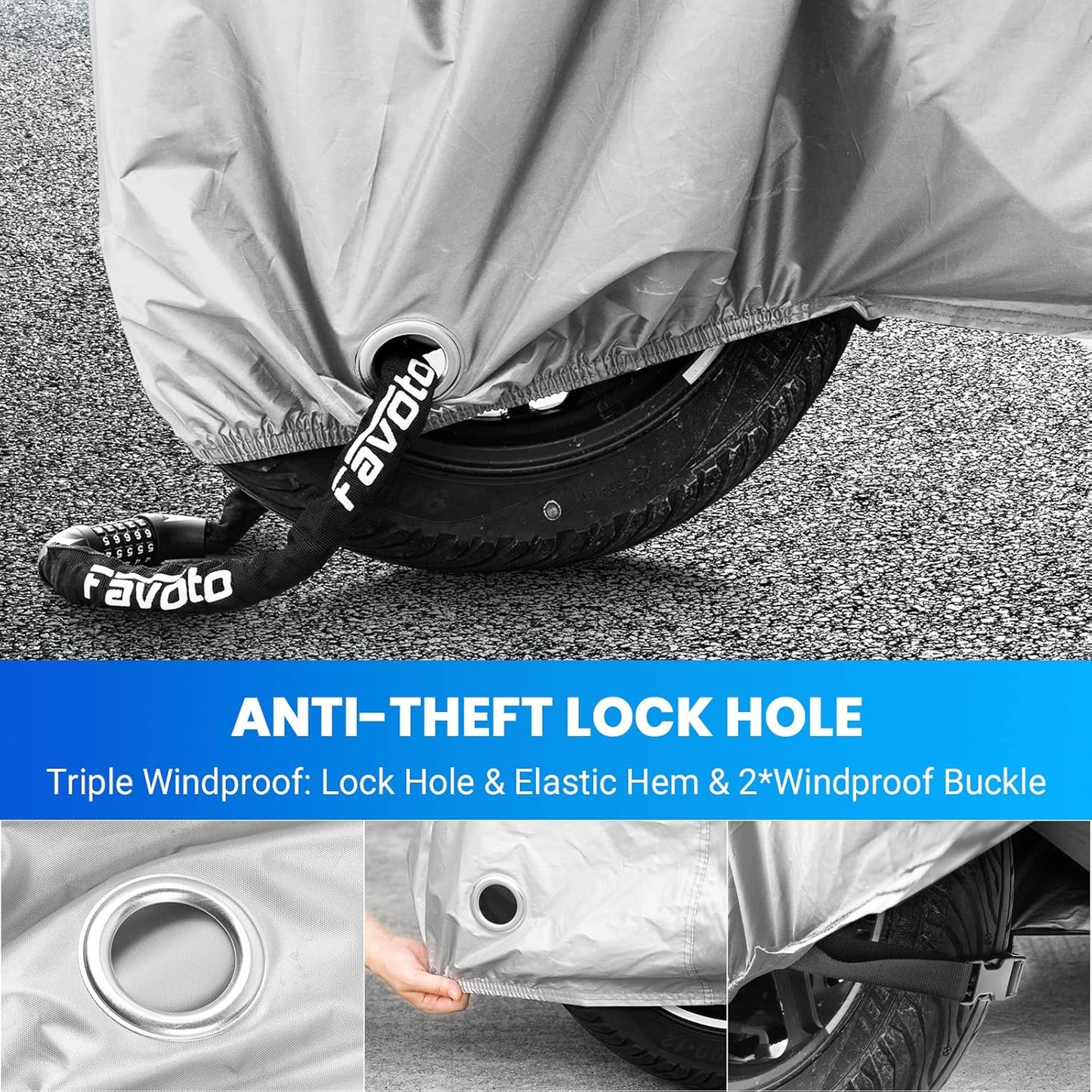 Favoto Motorcycle Cover Waterproof Outdoor - Cool Silver Color UV Protection with Reflective Strip Windproof Buckle Lock-Hole Storage Bag Fit 104 inch Vehicle Motorbikes