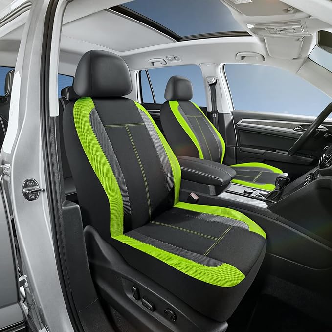 PIC AUTO Low Back Front Car Seat Covers - Sports Carbon Fiber Mesh Design, Two Front Set, Airbag Compatible, Universal Fit for Most Cars (Green)