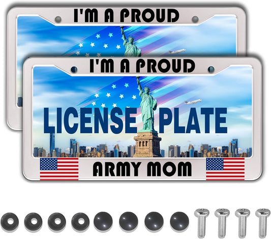 License Plate Frame Holder Black and White License Plate Frames I’m a Proud Army Mom Universal Aluminum Car Accessory 2 Pack with Screw Covers Set