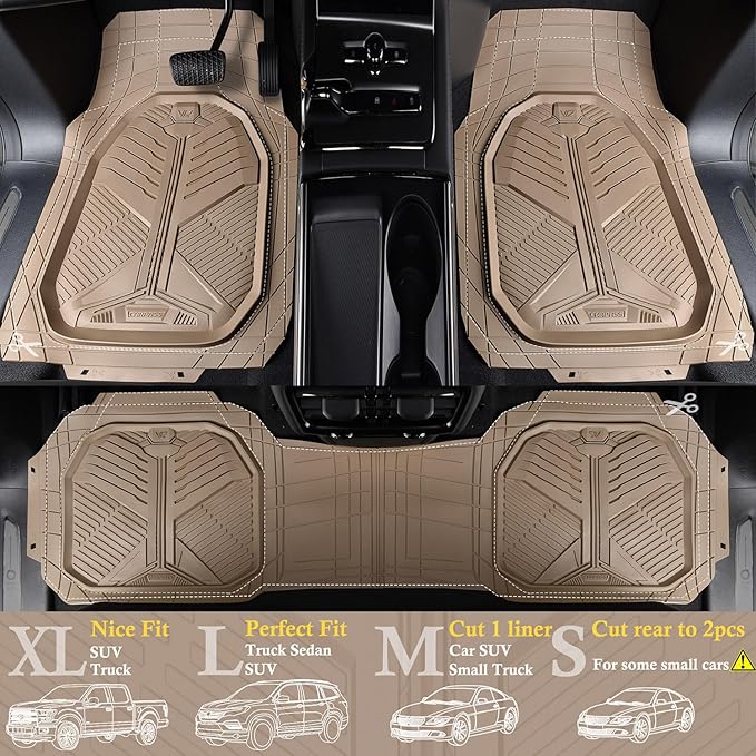 CAR PASS Heavy Duty Rubber Car Mats with Cargo Liner, Deep-Dish Car Floor Mats and Trunk Mat All Weather, Universal Trim-to-Fit for SUVs Trucks Sedans, Waterproof Anti-Slip, Trimmable V12 Beige